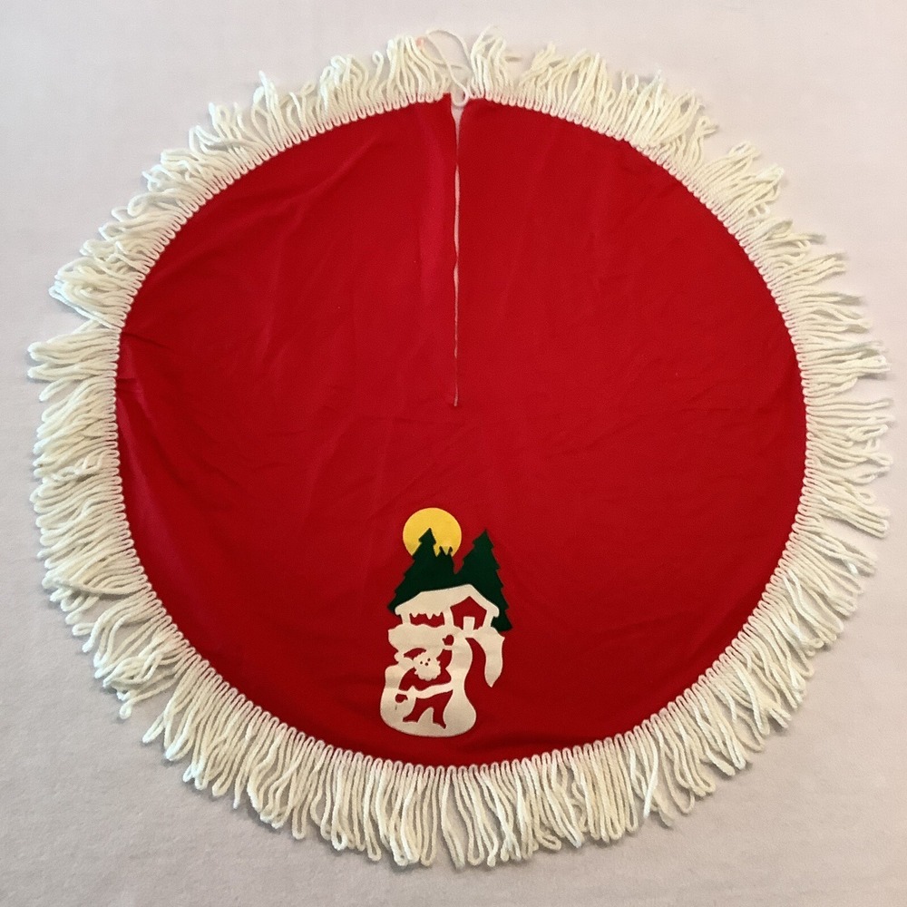 Vintage Christmas Tree Skirt Red Fabric White Yarn Flocked Santa Decoration‎